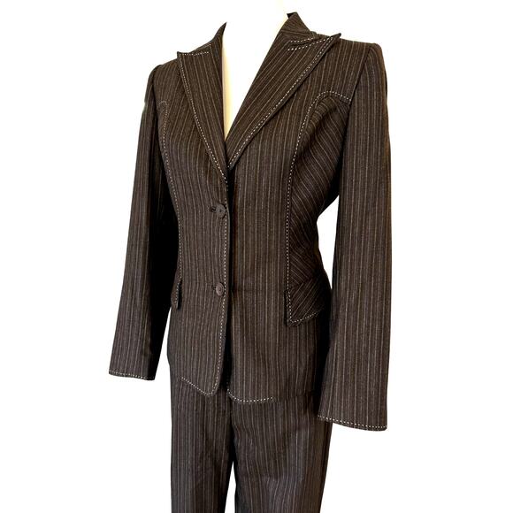 Vintage 90s/00s Albert Nipon Brown Pinstripe Wool Suit – Western Stitching, 2 pc - Picture 2 of 8